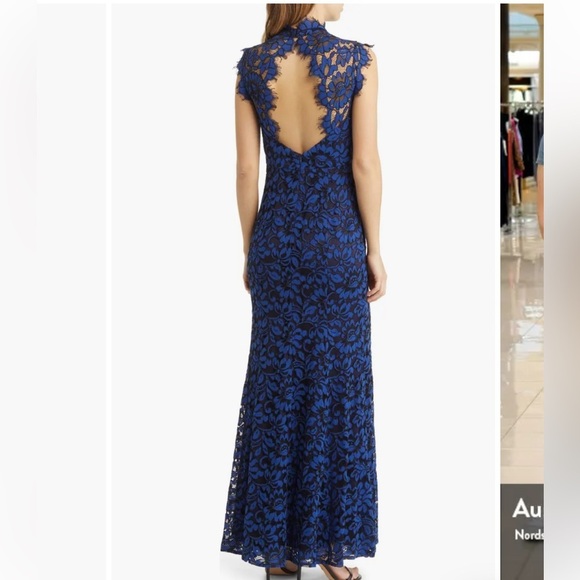 ELIZA J MOCK NECK OPEN BACK MERMAID GOWN BLUE BLACK - Picture 2 of 11